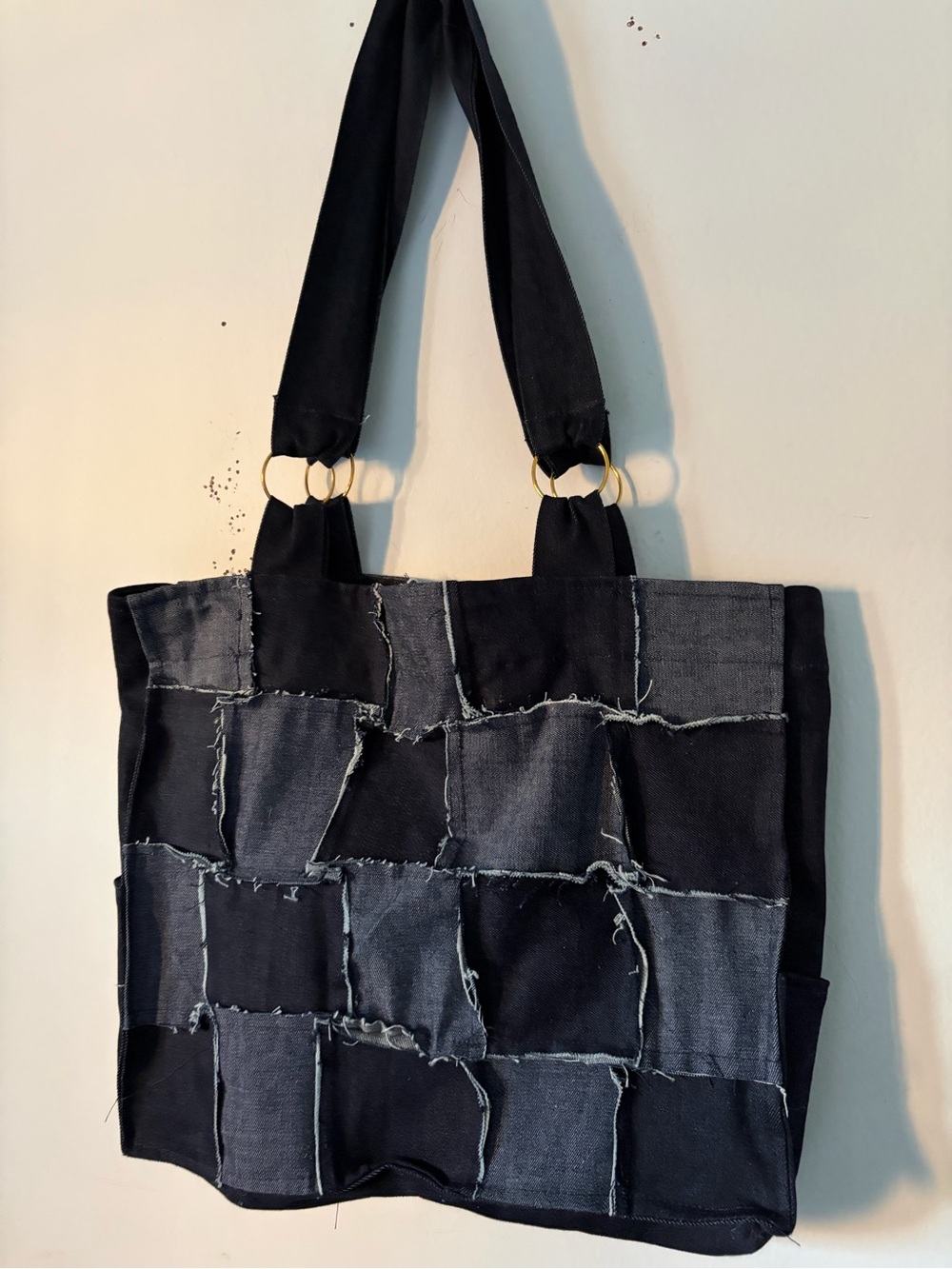 Black Patchwork Denim Satchel Tote - Picture 2 of 4
